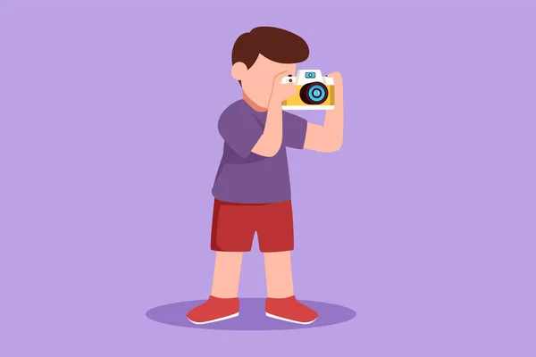 写真カメラで小さな子供の写真家を描いた漫画のフラットスタイル 人々の職業 子供の活動の本 着色のページ 絵を着色するための多彩な設計 グラフィックデザインベクターイラスト — ストックベクタ