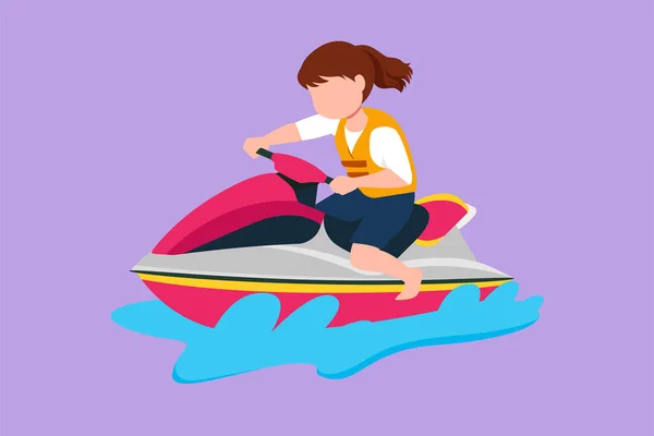 Cartoon Flat Style Drawing Pretty Little Girl Riding Jet Ski — Stock Vector