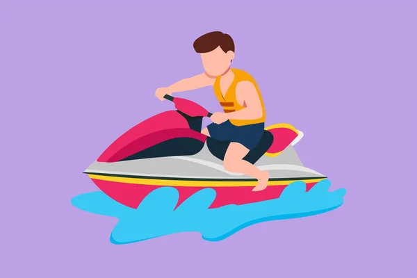 Cartoon Flat Style Drawing Active Little Boy Riding Jet Ski — Stock Vector