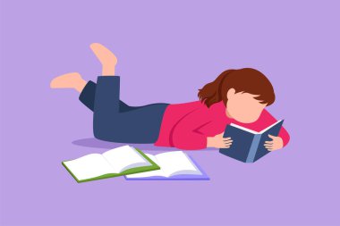 Çizgi film düz çizim, güzel küçük kız kitap okuyor ve yerde yatıyor. Kitap yığını olan çocuklar. Bilginin kaynağı. Zeki öğrenci yalnız çalışıyor. Grafik tasarım vektör çizimi