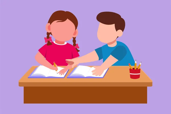男の子がノートを指す少女に説明しながら一緒に勉強する子供たちのグラフィックフラットデザイン図 子供たちは学校から宿題をする インテリジェント学生 漫画スタイルベクターイラスト — ストックベクタ