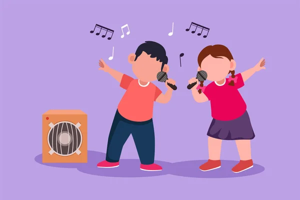 Cartoon Επίπεδη Στυλ Σχέδιο Χαρούμενο Μικρό Αγόρι Και Κορίτσι Τραγουδούν — Διανυσματικό Αρχείο