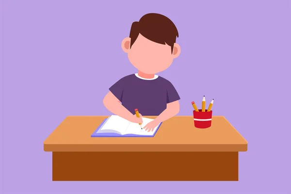 漫画フラットスタイルの絵本 ペンなどの文房具でテーブルで勉強する愛らしい少年 子供は学校から宿題をする インテリジェント学生 グラフィックデザインベクターイラスト — ストックベクタ