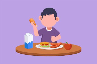 Grafik düz tasarım, sağlıklı kahvaltı yapan sevimli küçük bir çocuğun resmini çiziyor. Mutlu çocuklar evde sütle lezzetli yemekler yerler. Okullu çocuk yemeğin tadını çıkarıyor. Çizgi film biçimi vektör illüstrasyonu