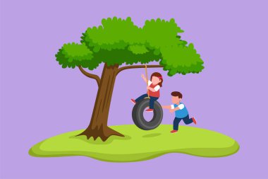 Ağacın altında salıncak sallayan kız ve erkek çocukları çiziyor. Ağaçtan sarkan tekerlekte sallanan neşeli çocuklar. Bahçede oynayan sevimli çocuklar. Çizgi film tasarım vektör çizimi