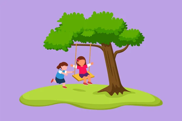 Ağaç Salıncağında Oynayan Mutlu Iki Küçük Kızın Çizgi Film Çizimi — Stok Vektör
