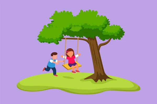 Grafik Düz Tasarım Mutlu Küçük Kızlar Oğlanlar Ağaç Salıncağında Oynuyor — Stok Vektör