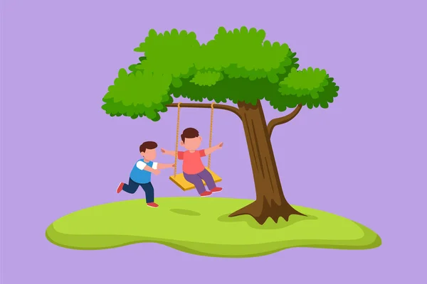 Ağaç Salıncağında Oynayan Mutlu Iki Çocuğun Çizgi Film Çizimi Okulda — Stok Vektör