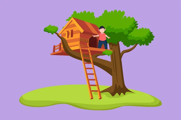 Ağaç Evde Çizim Yapan Bir Çocuk Okuldaki Çocuk Parkında Oynayan — Stok Vektör