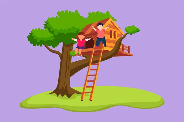 Grafik Düz Tasarım Çocuğu Ağaç Eve Çiziyor Çocuk Parkında Oynayan — Stok Vektör