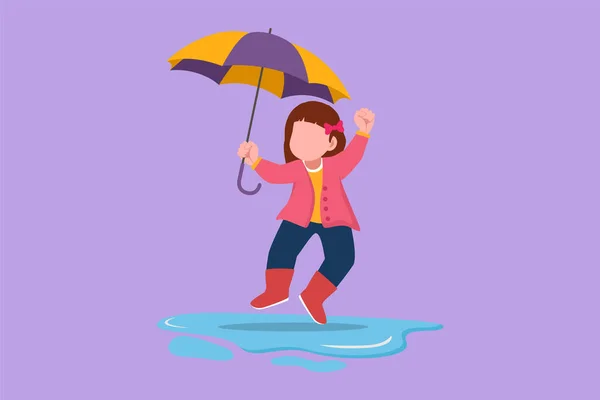 Stock vector Graphic flat design drawing cute little girl play wear raincoat and umbrella. Child playing in rain. Kid in raincoat and rubber boots plays in rain, puddle splashing. Cartoon style vector illustration