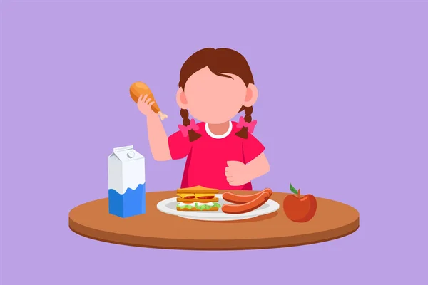 stock vector Cartoon flat style drawing pretty little girl eating healthy morning breakfast food. Happy children eat delicious food with milk at home. School girl enjoying dish. Graphic design vector illustration