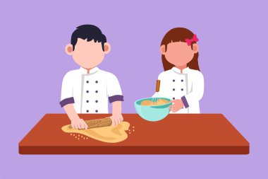 Çizgi film düz stil. Kız ve erkek kardeşler mutfak tezgahında merdaneyle birlikte yemek pişiriyorlar. Mutlu çocuk evde ev yapımı fırın yapıyor. Eğlenceli yemek. Grafik tasarım vektör çizimi