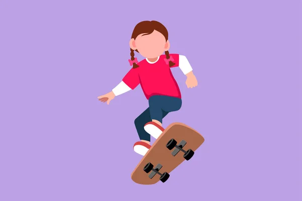 stock vector Character flat drawing pretty little girl playing on skateboard. Cheerful kid accelerating doing jumping. Happy children on skateboarding ride at outdoor playground. Cartoon design vector illustration