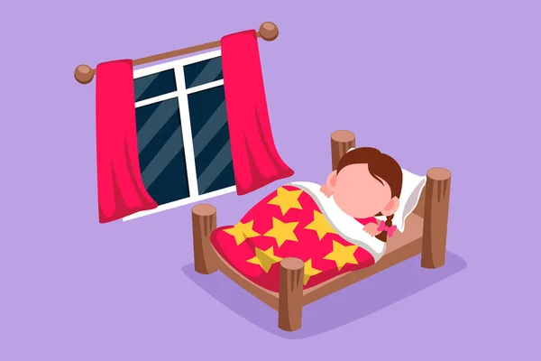 stock vector Cartoon flat style drawing cute little girl sleeping on tonight dreams, good night and sweet dreams. Happy little child sleep in bed room. Kid sleeping at cozy room. Graphic design vector illustration