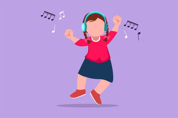 卡通平面风格的绘画漂亮的小女孩听音乐与耳机在她的头上 孩子们戴着耳机和耳机 听音乐和跳舞 图形设计矢量说明 — 图库矢量图片