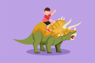 Çizgi film düz stil. Triceratops 'a binen cesur küçük mağara adamı. Dinozorun arkasında oturan sevimli çocuklar. Taş devri çocukları oynuyor. Antik insan hayatı. Grafik tasarım vektör çizimi