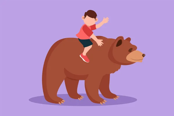 Personagem Plana Desenho Feliz Menino Cavalgando Urso Pardo Zoológico Criança — Vetor de Stock