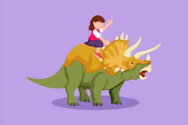 Çizgi film düz stil. Triceratops 'a binen cesur küçük kız mağara adamı. Dinozorun arkasında oturan sevimli çocuklar. Taş devri çocukları oynuyor. Antik insan hayatı. Grafik tasarım vektör çizimi