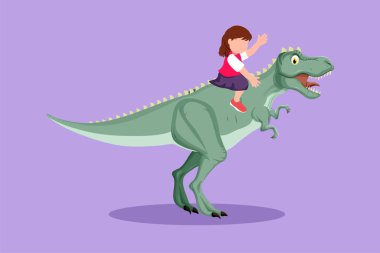 Çizgi filmlerdeki gibi cesur küçük kız mağara adamı T-Rex Tyrannosaurus 'a biniyor. Dinozorun arkasında oturan neşeli çocuklar. Taş devri çocukları. Antik insan hayatı. Grafik tasarım vektör çizimi