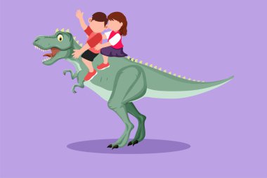 Çizgi filmlerdeki gibi küçük erkek ve kız mağara adamı T-Rex Tyrannosaurus 'a birlikte biniyorlar. Dinozorun arkasında oturan çocuklar. Taş devri çocukları. Antik insan hayatı. Grafik tasarım vektör çizimi