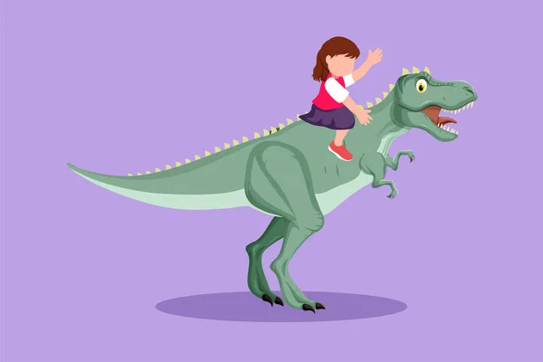 Çizgi filmlerdeki gibi cesur küçük kız mağara adamı T-Rex Tyrannosaurus 'a biniyor. Dinozorun arkasında oturan neşeli çocuklar. Taş devri çocukları. Antik insan hayatı. Grafik tasarım vektör çizimi