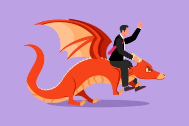Grafik düz tasarım, ejderhaya binen iş adamı çiziyor. Zorlukları yenmek, cesaret, zafer, iş dünyasında liderlik. Profesyonel bir girişimciydi. İş metaforu. Çizgi film biçimi vektör illüstrasyonu