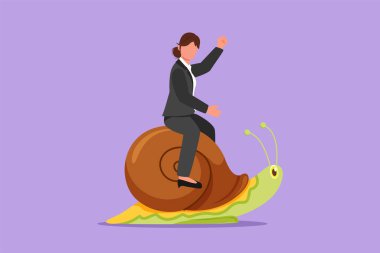 Grafik düz tasarım güzel bir iş kadını salyangoza biniyor. Zayıf rakip. Yetersiz yönetici, kötü çözüm. Yavaş iş ilerlemesi, tembellik. İş metaforu. Çizgi film biçimi vektör illüstrasyonu