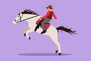 Karakter gün batımında vahşi ata binen güçlü ve cesur bir kovboy çiziyor. At çiftliğindeki rodeo kovboyu. Vahşi at yarışı. Rodeoda vahşi atı evcilleştiren sevimli bir kovboy. Çizgi film tasarım vektör çizimi