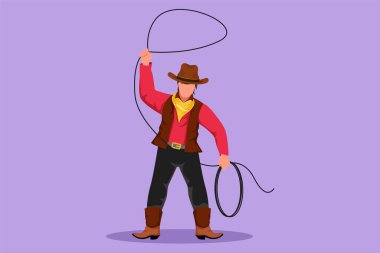 Batı kovboyunun durduğu ve vahşi batı unsurlarıyla kement attığı düz çizim. Kovboy şapkalı bir adam vahşi batı çölünde kementi başının üzerinde döndürür. Çizgi film tasarım vektör çizimi