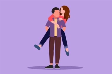 Karakter, şehir parkında kadını taşıyan ve kucaklayan mutlu adam çiziyor. Aşık mutlu çift. Genç çift evlilik yıldönümünü kutluyor. Çizgi film tasarım vektör çizimi