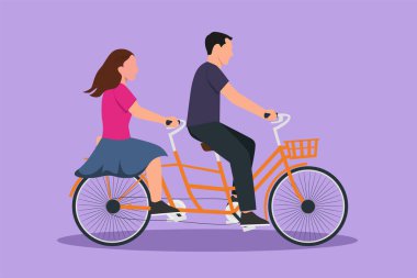 Romantik çiftin birlikte bisiklet sürdüğü düz çizgi film çizimi. Mutlu çift ikili bisiklete biniyor. Mutlu bir aile. Samimiyet evlilik yıldönümünü kutlar. Grafik tasarım vektör çizimi