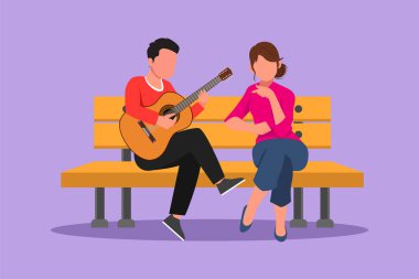 Parktaki ahşap bankta oturan düz karakterli insanlar. Romantik bir çift buluşuyor, gitarda müzik çalan mutlu bir adam güzel bir kız dinliyor ve birlikte şarkı söylüyor. Çizgi film tasarım vektör çizimi