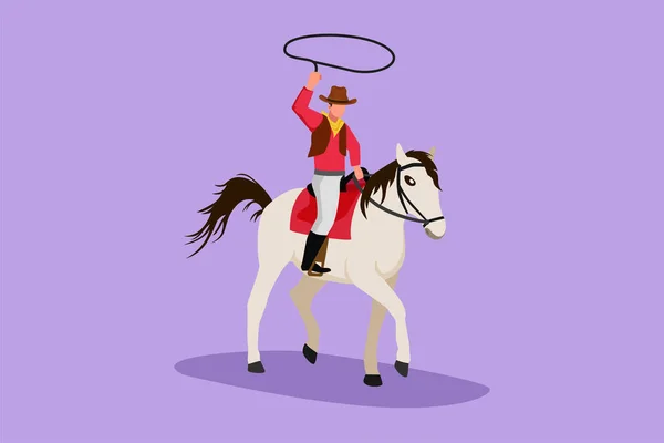 Caractère Plat Dessin Cowboy Stylisé Avec Corde Lasso Sur Cheval — Image vectorielle