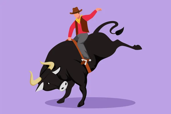 Cartone Animato Disegno Stile Piatto Cowboy Cavalcando Toro Selvaggio Emozionante — Vettoriale Stock