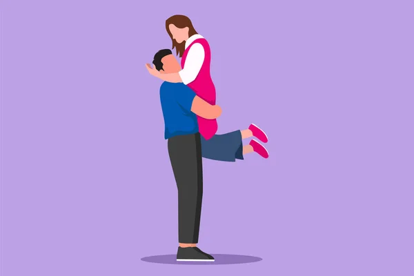 ロマンチックなカップルが抱擁し 彼らの恋人を腕で囲む漫画のフラットスタイルの図面 かわいい女性が男の抱擁に飛び込む デートコンセプト グラフィックデザインベクターイラスト — ストックベクタ