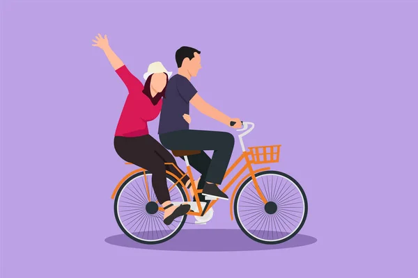 Romantik Çiftin Düz Çizimi Bisiklet Sürerken Iyi Eğlenceler Mutlu Erkek — Stok Vektör