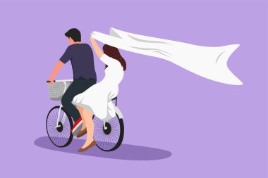 Grafik düz tasarım, bisiklet sürerken romantik çiftleri eğlendiriyor. Romantik genç çiftin akşamları bisiklet sürüşünün arka görüntüsü. Genç bir adam ve aşık bir kadın. Çizgi film biçimi vektör illüstrasyonu