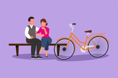 Bankta otururken sohbet eden romantik çifti çizen karakter. Romantik genç çift bisiklet sürüyor ve şehir parkında dinleniyor. Genç bir adam ve aşık bir kadın. Çizgi film tasarım vektör çizimi