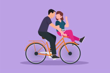 Bisiklet sürerken romantik çiftler çiziyor. Genç bir adam ve aşık bir kadın. Mutlu evli çift bisiklete biniyor. Güzel ilişki konsepti. Çizgi film tasarım vektör çizimi