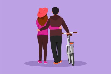 Güneşli bir sonbahar gününde parkta bisikletle yürüyen genç bir çiftin karikatür düz görünümü. Mutlu bir adam ve aşık bir kadın. Mutlu, romantik, evli çift. Grafik tasarım vektör çizimi