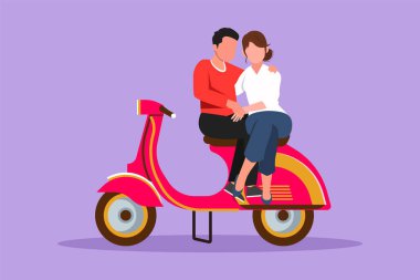 Çizgi film düz stil biniciler çiftler seyahat ederken rahatlar. Romantik balayı anları motosiklette oturup konuşuyor. Scooter süren hoş bir adam. Grafik tasarım vektör çizimi