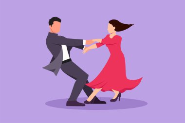 Evde yerde dans eden yakışıklı bir adamla güzel bir kızın düz çizimi. Düğün partisinde el ele tutuşup dans eden romantik bir çift. Çizgi film tasarım vektör çizimi