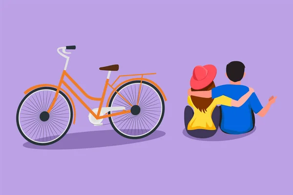 Yanlarında Bisikletle Şehir Parkında Oturan Romantik Genç Çiftin Düz Açılı — Stok Vektör