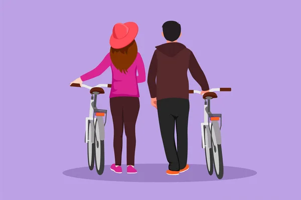 Grafi Düz Tasarım Açık Hava Parkında Bisikletle Yürüyen Romantik Çiftin — Stok Vektör