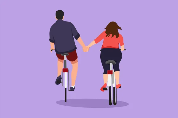 Cartoon Flat Style Drawing Happy Couple Ride Bicycles Meadow Back — Stock Vector