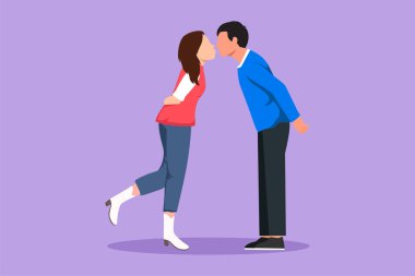 Karakter düz çizim genç oğlan ve güzel kız aşık ve öpüşüyor. Romantik çift aşıkları birbirlerini öpüyor. Mutlu adam ve kadın evlilik yıldönümünü kutluyor. Çizgi film tasarım vektör çizimi