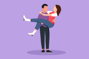 Grafik düz tasarım, kucak erkeğini öperken aşık romantik bir kadın çiziyor. Mutlu adam evlilik yıldönümünü kutlayan güzel bir kadını taşıyor. Çok romantik bir çift. Çizgi film biçimi vektör illüstrasyonu