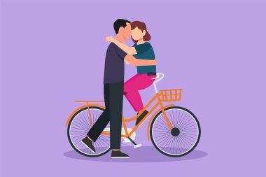 Çizgi film düz stil. Bisiklette oturup öpüşen romantik bir çift. Aşk ilişkileri, aşk hikayesi, balayı macerasında yeni evli bir aile. Grafik tasarım vektör çizimi