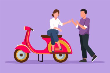 Karakter düz çizim yapan çiftler seyahat ederken rahatlar. Motosiklette oturup romantik balayı anları. Scooter süren güzel bir kadınla yakışıklı bir adam. Çizgi film tasarım vektör çizimi
